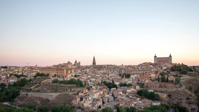 4K timelapse video of Toledo old town cityscape at sunrise time, Spain.