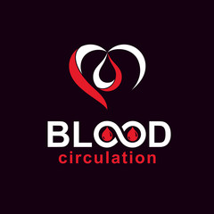 Vector red heart with blood circulation inscription. Blood transfusion metaphor, medical care emblem for use in pharmacy.