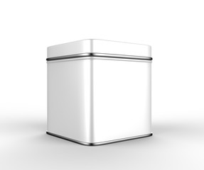 Stainless steel or tin metal shiny silver box container Isolated on white background for mock up and packaging Design. 3d render illustration.
