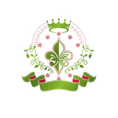 Victorian colorful emblem composed using lily flower and monarch crown. Royal quality award vector design element, business label.