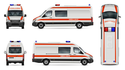 Ambulance car vector mock-up. Isolated template of medical van on white. Vehicle branding mockup. Side, front, back, top view. All elements in the groups on separate layers. Easy to edit and recolor.