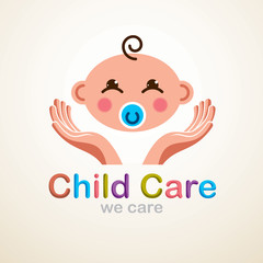 Cute baby cartoon vector flat icon, adorable happy child with nipple emoji. With mother or nanny tender hands of care. Can be used as a logo.