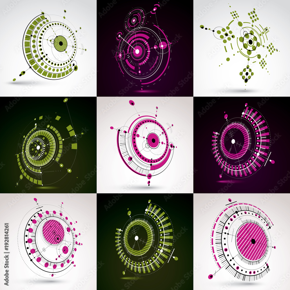 Poster set of modular bauhaus 3d vector backdrops, created from geometric figures like circles and lines. f