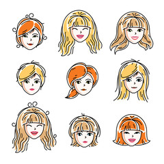 Set of women faces, human heads. Different vector characters like redhead and blonde females, attractive ladies face features collection.