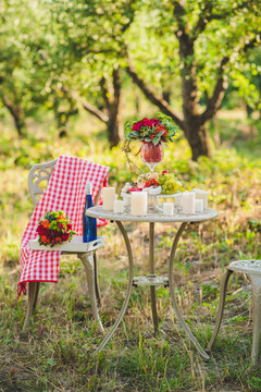 Decorative table and chairs in the nature. On the table is a bottle of wine, fruits, flowers and candles.Decorations for a wedding photo shoot