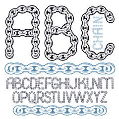Vector script, modern alphabet letters, abc set. Capital creative font made with iron chain, linked connection.