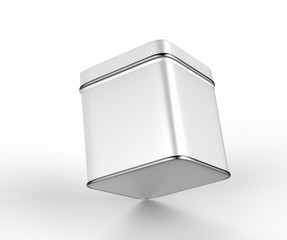 Stainless steel or tin metal shiny silver box container Isolated on white background for mock up and packaging Design. 3d render illustration.