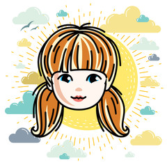 Girls face, human head. Vector character, beautiful red-haired teenager with stylish haircut.