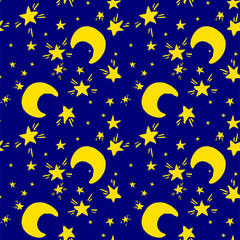 seamless pattern Starry night. yellow stars with a month. On blue background vector illustration