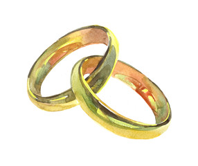 Golden wedding rings. Watercolor illustration isolated on white background.
