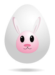 Easter realistic white egg decorated with cute pink rabbit. Vector illustration.