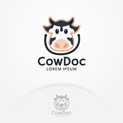 Cow head logo. Cartoon character cow with stethoscope for mascot or child logo, kindergarten. mobile app and more. Vector logo template