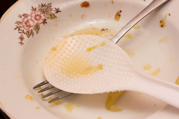 High angle view of dirty white plate