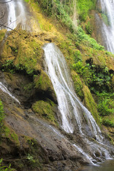 Fototapeta na wymiar Waterfall water jets fall from a height between rocks and vegeta