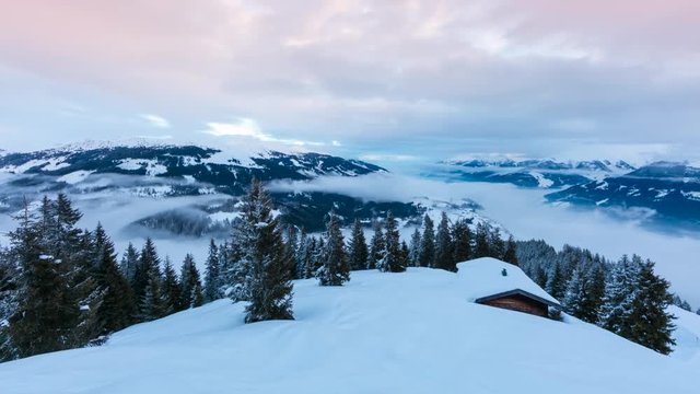 Time lapse of beautiful panoramic Alpine landscape in winter