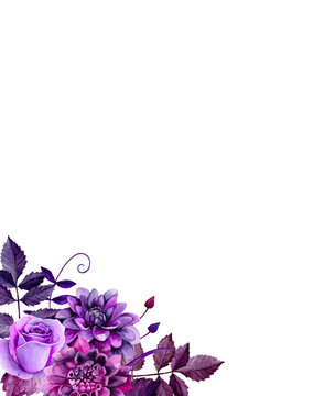 Fototapeta Watercolor purple flowers. Floral bouquet. Greeting card design template