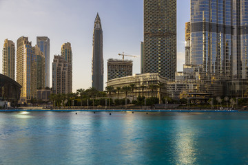 Fototapeta na wymiar Downtown Dubai skyline, view from the Dubai fountain. Modern city cityscape with skyscrapers.