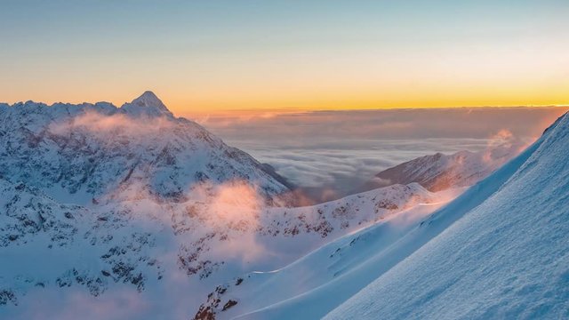 Time lapse sunset mountain landscape, winter Tatra mountains