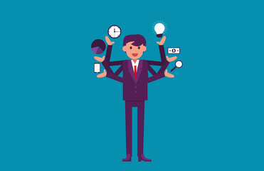 Multitasking. Businessman with multiple arms. Vector illustration business concept.