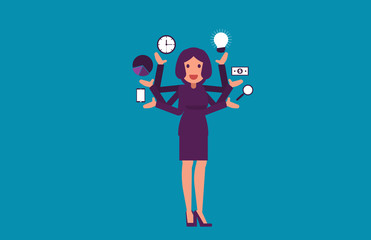 Multitasking. Businesswoman with multiple arms. Vector illustration business concept.