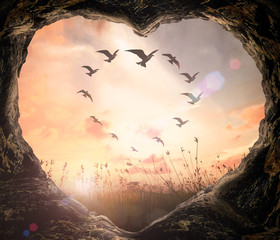 International human rights day concept: Heart shape of cave and birds on meadow sunset background