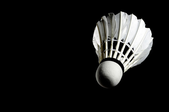 Set Badminton shuttlecock feather professional on isolated black background with text space, copy space.