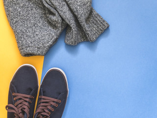 Flat lay traveler accessories on colored background with blank space for text. Top view travel or vacation concept. Summer background.