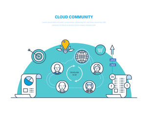 Cloud community. Partnership, joint work, communication, social activity in network,