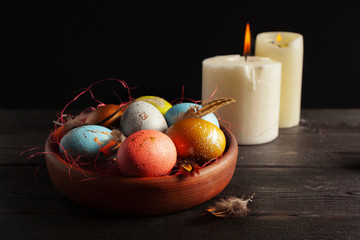 Happy easter! Easter eggs on wooden background