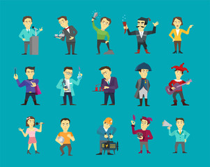 Set of different character design. Speaker politician and many others. Flat color vector illustration stock clipart on a blue background