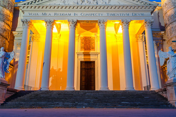 night view of famous Saint Charles's Church at Karlsplatz in Vienna, Austria