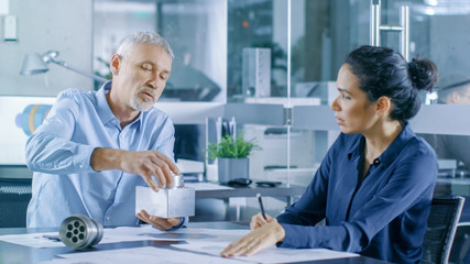 Obraz premium Experienced Male and Female Industrial Engineers have Discussion, Making Adjustment and Perfecting Parts, They Work on a Machinery Component Design. They Office is Stylish and Modern Looking.