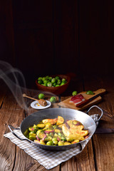 Brussels Sprouts with ham ,honey and roasted potatoes
