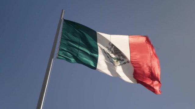 Front lit large Mexican flag waving in the wind.