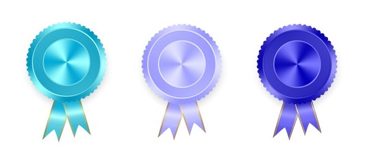 Set of labels light blue, dark blue and purple with colored ribbons with gold ribbon on white background. Collection of world medals for winning products  purple medal, dark blue medal, blue medal