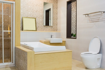 Modern bathroom interior with minimalistic shower and lighting, white toilet, sink and bathtub