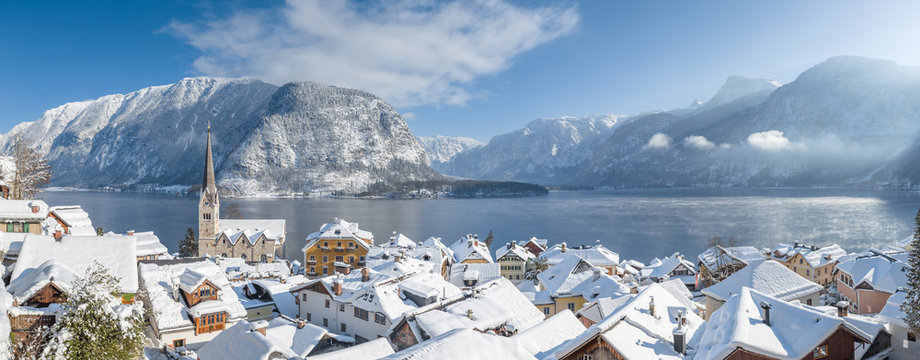 Hallstatt rooftops panorama in winter, Austria