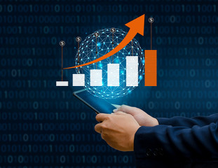 Graph of financial growth global communications Binary Smart Phones and world Internet  press the phone to communicate in the Internet Stock chart Researching process.business Team Working Startup mod