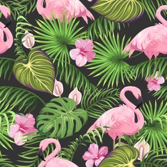 Nahtloses Muster mit tropischen Blättern, exotischen Blumen und Flamingo © Hmarka