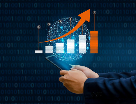 Graph of financial growth global communications Binary Smart Phones and world Internet press the phone to communicate in the Internet Stock chart Researching process.business Team Working Startup mod