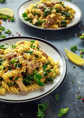 Homemade Pasta fusilli with Chicken, Green Kale, Garlic, lemon and parmesan cheese. healthy home food
