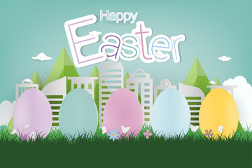 Paper cut style eggs and text happy background. Pastel bank eggs, butterfly and Balloon on flower garden. Design layout for invitation, card, menu, flyer, banner, poster, voucher.