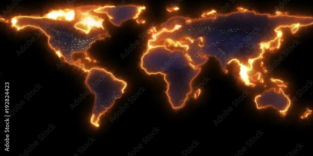 Poster dynamic mapping of the contours of the world map. light lines around the continents