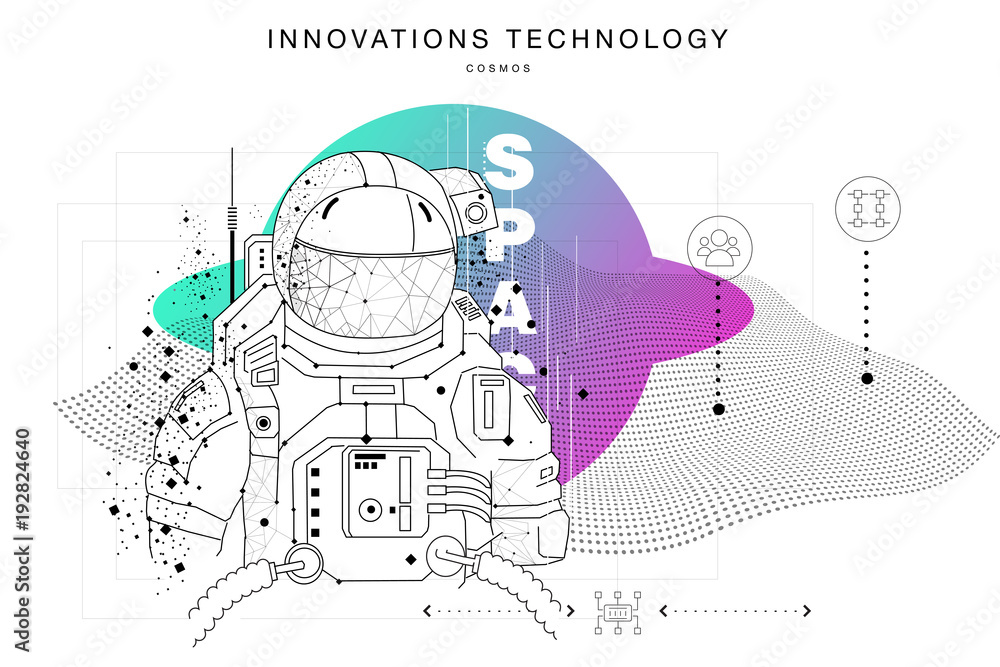 Poster future technologies in cosmos operations, automatics robot systems and innovations industry from awe