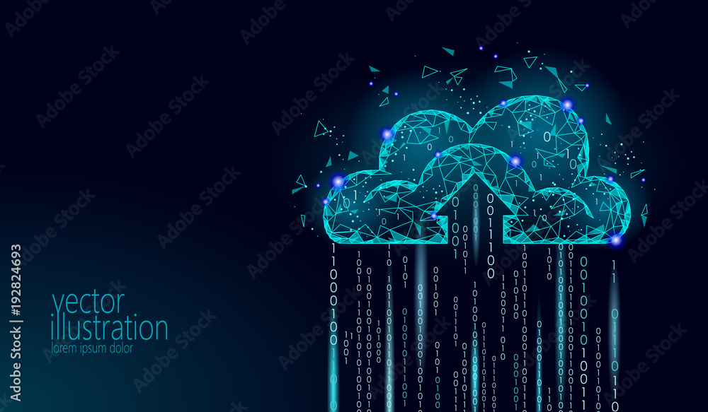 Poster cloud computing online storage low poly. polygonal future modern internet business technology. blue 