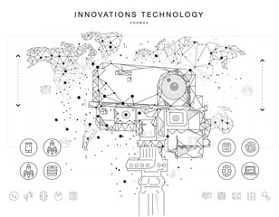 Future technologies in cosmos operations, automatics robot systems and innovations industry from awesome internet developments. Made in really geometry style with linear pictogram of future design