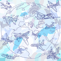 Vector seamless pattern with fantasy airplanes, clouds and globe. Abstract travel or holidays blue background. Hand drawn.