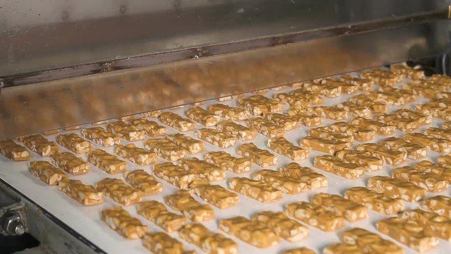 Nougat with nuts of golden color on the conveyor in a confectionery factory. Cutting a long line of viscous nougat into bars. Bars of nougat with peanuts on the production line of the factory.