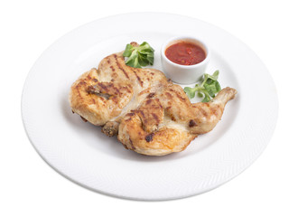 Grilled chicken with tomato sauce.