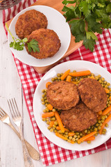 Meatballs on white dish. 